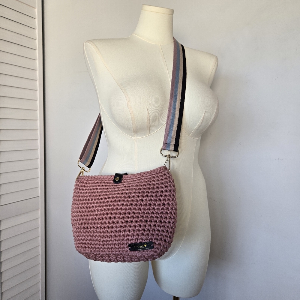 Dust Pink Handmade Knit Crochet Crossbody Bag Womens Travel Casual Boho Eclectic